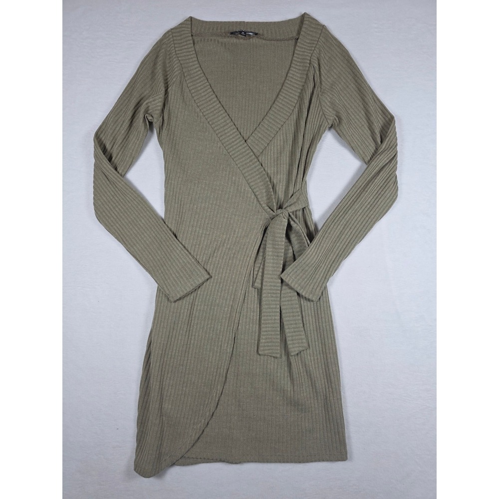 Lulus All My Wisdom Wrap Sweater Dress Ribbed Long Sleeve M Olive Green Fall
